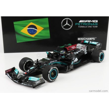 Minichamps MERCEDES F1 W12 MERCEDES M12 EQ POWER+ TEAM AMG PETRONAS MOTORSPORT FORMULA ONE N 44 WINNER BRAZILIAN GP (WITH FLAG) 2021 LEWIS HAMILTON