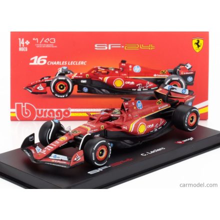 Burago FERRARI F1 SF-24 TEAM SCUDERIA FERRARI N 16 WINNER ITALY MONZA GP 2024 CHARLES LECLERC - WITH PILOT AND SHOWCASE