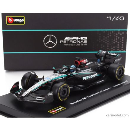 Burago MERCEDES F1 W15 EQ PERFORMANCE TEAM AMG PETRONAS MOTORSPORT N 63 SEASON 2024 GEORGE RUSSELL - WITH PILOT AND SHOWCASE