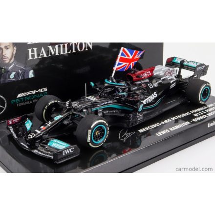 Minichamps MERCEDES F1 W12 MERCEDES M12 EQ POWER+ TEAM AMG PETRONAS MOTORSPORT FORMULA ONE N 44 WINNER BRITISH SILVERSTONE GP WITH FLAG 2021 LEWIS HAMILTON