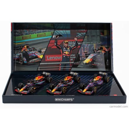 Minichamps RED BULL F1 SET 3X RB19 TEAM ORACLE RED BULL RACING N 1 WORLD CHAMPION WINNER MIAMI - LAS VEGAS - AUSTIN USA GP 2023 MAX VERSTAPPEN