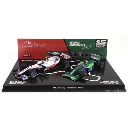MINICHAMPS HAAS F1 SET 2X VF-21 FERRARI 065/6 TEAM URALKALI N 47 BELGIUM GP 2021 MICK SCHUMACHER + JORDAN 191 FORD N 32 FIRST F1 RACE SPA BELGIUM GP 1991 MICHAEL SCHUMACHER - 30th ANNIVERSARY