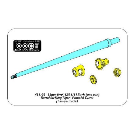 Aber 88mm 2A62 KwK 43/2 L/71 Early (one part) Barrel for King Tiger - Porsche Turret (Tamiya)