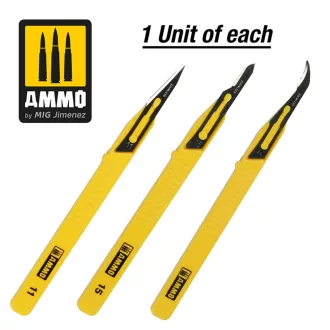   AMMO by MIG Jimenez - Mini Blade Set - 3 pcs. (1 Mini Blade Straight + 1 Mini Blade Curved + 1 Mini Blade Ripper) makettező szerszám