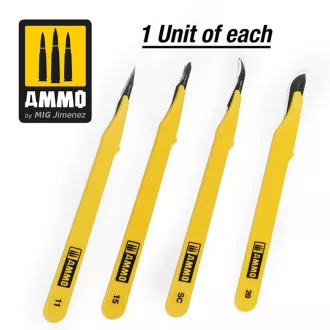   AMMO by MIG Jimenez - Standard Blade Set - 4 pcs. (1 Standard Straight + 1 Curved + 1 Ripper + 1 Curved Large) makettező szerszám