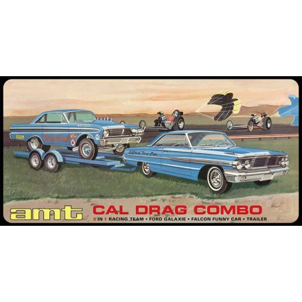 AMT Cal Drag Combo 1964 Ford Galaxie, AWB Falcon & Trailer makett
