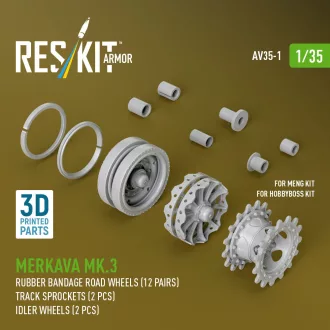   ResKit Merkava Mk.3 rubber bandage road wheels (12 pairs), track sprockets (2 pcs), idler wheels (2 pcs) for Meng/HobbyBoss kit (3D Printed)