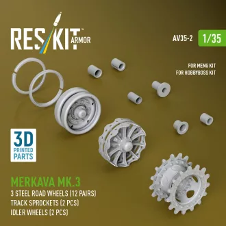   ResKit Merkava Mk.3 steel road wheels (12 pairs), track sprockets (2 pcs), idler wheels (2 pcs) for Meng/HobbyBoss kit (3D Printed)