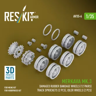   ResKit Merkava Mk.3 damaged rubber bandage wheels (12 pairs), track sprockets (2 pcs), idler wheels (2 pcs) for Meng/HobbyBoss kit (3D Printed)