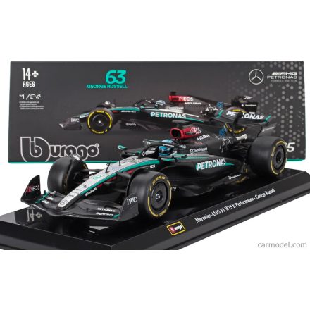 Burago MERCEDES GP F1 W15 EQ PERFORMANCE TEAM AMG PETRONAS MOTORSPORT N 63 SEASON 2024 GEORGE RUSSELL - WITH PILOT AND SHOWCASE