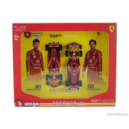 Burago FERRARI SET F1 2X SF-24 TEAM SCUDERIA FERRARI N 16 SEASON 2024 CHARLES LECLERC + N 55 CARLOS SAINZ