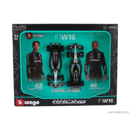 Burago MERCEDES SET F1 2X W15 TEAM MERCEDES-AMG PETRONAS FORMULA ONE N 44 SEASON 2024 LEWIS HAMILTON + N 63 GEORGE RUSSELL