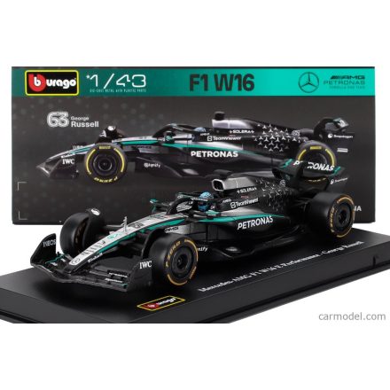 Burago MERCEDES F1 W16 TEAM AMG PETRONAS MOTORSPORT N 63 SEASON 2025 GEORGE RUSSELL - WITH PILOT AND SHOWCASE