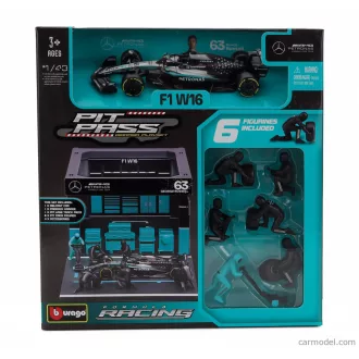   Burago MERCEDES F1 W16 DIORAMA GARAGE PIT-STOP TEAM AMG PETRONAS MOTORSPORT N 63 SEASON 2025 GEORGE RUSSELL WITH CREW FIGURE AND ACCESSORIES