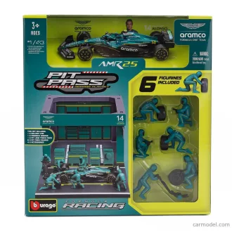   BURAGO ASTON MARTIN F1 AMR25 DIORAMA GARAGE PIT-STOP TEAM ARAMCO COGNIZANT N 14 SEASON 2025 FERNANDO ALONSO WITH CREW FIGURE AND ACCESSORIES