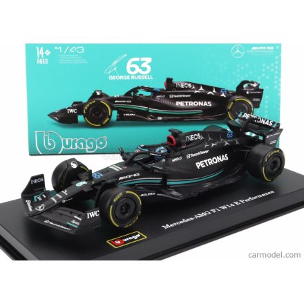 Burago MERCEDES F1 W14 TEAM MERCEDES-AMG PETRONAS FORMULA ONE N 63 SEASON 2023 GEORGE RUSSEL - CON PILOTA E VETRINA - WITH PILOT AND SHOWCASE