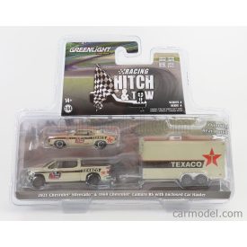  Greenlight CHEVROLET SILVERADO PICK-UP 2021 WITH TRAILER + CAMARO RS TEXACO COUPE 1969