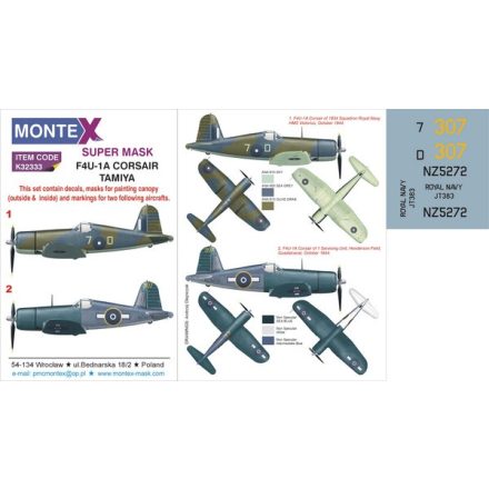Montex F4U-1A CORSAIR (TAMIYA) maszkoló