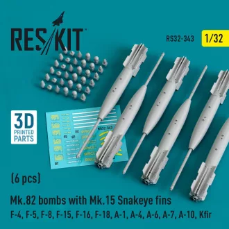   ResKit Mk.82 bombs with Mk.15 Snakeye fins (6 pcs) (F-4, F-5, F-8, F-15, F-16, F-18, A-1, A-4, A-6, A-7, A-10, Kfir) (3D Printed)