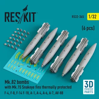   ResKit Mk.82 bombs with Mk.15 Snakeye fins thermally protected (6 pcs) (F-4, F-8, F-14 F-18, A-1, A-4, A-6, A-7, AV-8B) (3D Printed)