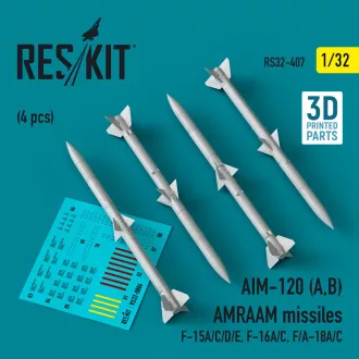   ResKit AIM-120 (A,B) AMRAAM missiles (4 pcs) (F-15A/C/D/E, F-16A/C, F/A-18A/C) (3D Printed)