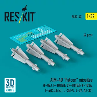   ResKit AIM-4D Falcon missiles (4 pcs) (F-89J, F-101B/F, CF-101B/F, F-102A, F-4(C,D,E,EJ), J-35F/J, J-37, AJ-37) (3D Printed)