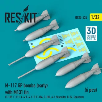   ResKit M-117 GP bombs (early) with M131 fin (6 pcs) (F-105, F-111, A-4 ,F-4, F-5, F-104, F-100, A-1 Skyraider, B-52, Canberra) (3D Printed)