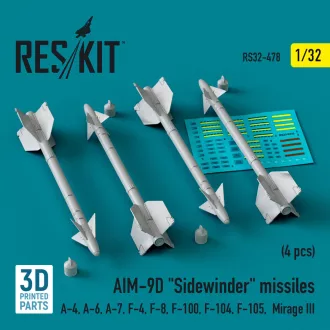   ResKit AIM-9D Sidewinder missiles (4 pcs) (A-4, A-6, A-7, F-4, F-8, F-100, F-104, F-105, Mirage III) (3D Printed)