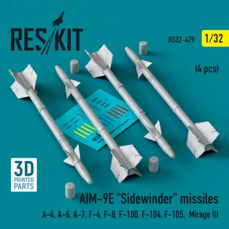   ResKit AIM-9E Sidewinder missiles (4 pcs) (A-4, A-6, A-7, F-4, F-8, F-100, F-104, F-105, Mirage III) (3D Printed)