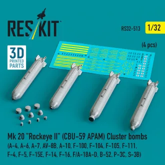   ResKit Mk 20 Rockeye II (CBU-59 APAM) Cluster bombs (A-4, A-6, A-7, AV-8B, A-10, F-100, F-104, F-105, F-111, F-4, F-5, F-15E, F-14, F-16, F/A-18A-D, B-52, P-3C, S-3B) (4 pcs) (3D Printed)