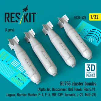  ResKit BL755 cluster bombs (4 pcs) (Alpfa Jet, Buccaneer, BAE Hawk, Fiat G.91, Jaguar, Harrier, Hunter, F-4, F-5, MB-339, Tornado, J-22, MiG-27) (3D Printed)