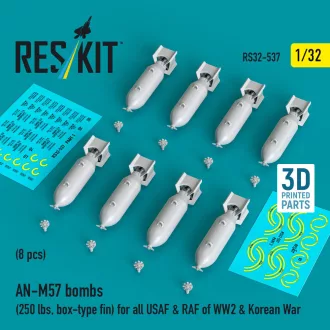   ResKit AN-M57 bombs (250 lbs, box-type fin) for all USAF & RAF of WW2 & Korean War (8 pcs) (3D Printed)