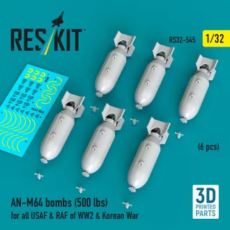   ResKit AN-M64 bombs (500 lbs) for all USAF & RAF of WW2 & Korean War (6 pcs) (3D Printed)