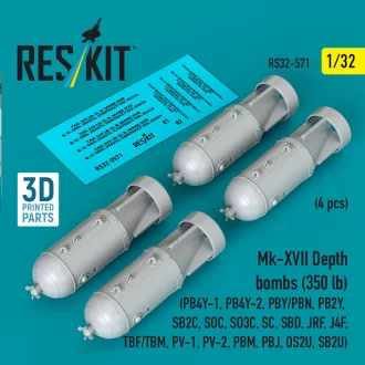   ResKit Mk-XVII Depth bombs (350 lb) (4 pcs) (PB4Y-1, PB4Y-2, PBY/PBN, PB2Y, SB2C, SOC, SO3C, SC, SBD, JRF, J4F, TBF/TBM, PV-1, PV-2, PBM, PBJ, OS2U, SB2U) (3D Printed)