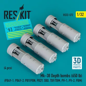   ResKit Mk-38 Depth bombs (650 lb) (4 pcs) (PB4Y-1, PB4Y-2, PBY/PBN, PB2Y, SBD, TBF/TBM, PV-1, PV-2, PBM) (3D Printed)