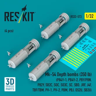  ResKit Mk-54 Depth bombs (350 lb) (4 pcs) (PB4Y-1, PB4Y-2, PBY/PBN, PB2Y, SB2C, SOC, SO3C, SC, SBD, JRF, J4F, TBF/TBM, PV-1, PV-2, PBM, PBJ, OS2U, SB2U) (3D Printed)