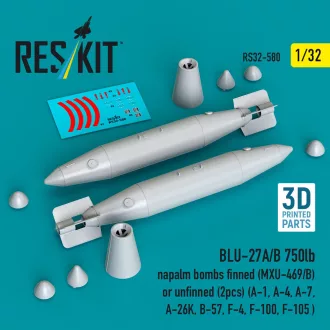   ResKit BLU-27A/B 750lb napalm bombs finned (MXU-469/B) or unfinned (2 pcs) (A-1, A-4, A-7, A-26K, B-57, F-4, F-100, F-105 ) (3D Printed)