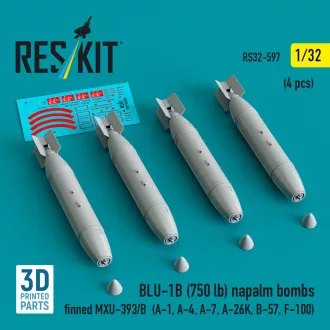   ResKit BLU-1B (750 lb) napalm bombs finned MXU-393/B (4 pcs) (A-1, A-4, A-7, A-26K, B-57, F-100) (3D Printed)