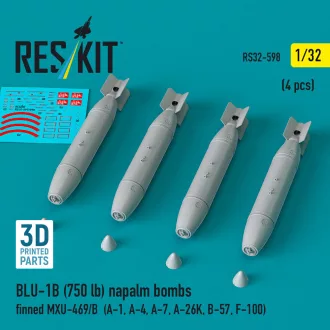   ResKit BLU-1B (750 lb) napalm bombs finned MXU-469/B (4 pcs) (A-1, A-4, A-7, A-26K, B-57, F-100) (3D Printed)