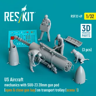   ResKit US Aircraft mechanics with SUU-23 20mm gun pod (open & close gun bay) on transport trolley (scene 1) (3 pcs) (3D Printed)