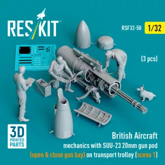  ResKit British Aircraft mechanics with SUU-23 20mm gun pod (open & close gun bay) on on transport trolley (scene 1) (3 pcs) (3D Printed)