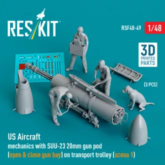   ResKit US Aircraft mechanics with SUU-23 20mm gun pod (open & close gun bay) on transport trolley (scene 1) (3 pcs) (3D Printed)