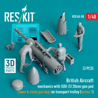   ResKit British Aircraft mechanics with SUU-23 20mm gun pod (open & close gun bay) on on transport trolley (scene 1) (3 pcs) (3D Printed)
