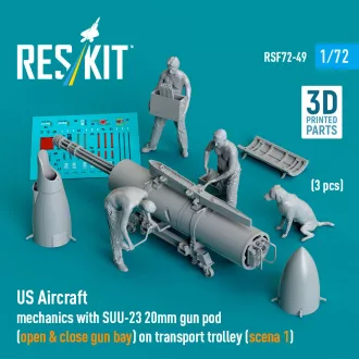   ResKit US Aircraft mechanics with SUU-23 20mm gun pod (open & close gun bay) on transport trolley (scene 1) (3 pcs) (3D Printed)