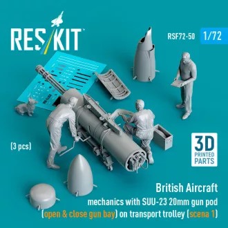   ResKit British Aircraft mechanics with SUU-23 20mm gun pod (open & close gun bay) on transport trolley (scene 1) (3 pcs) (3D Printed)