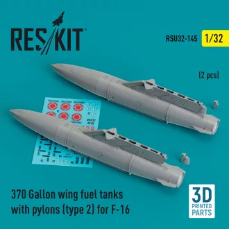   ResKit 370 Gallon wing fuel tanks with pylons (type 2) for F-16 (A/B/C/D/E/F/I) (2 pcs) (3D Printed)