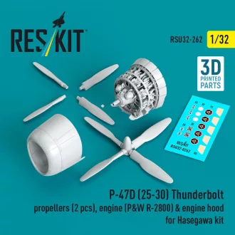   ResKit P-47D (25-30) Thunderbolt propellers (2 pcs), engine (P&W R-2800) & engine hood (3D Printed) for Hasegawa
