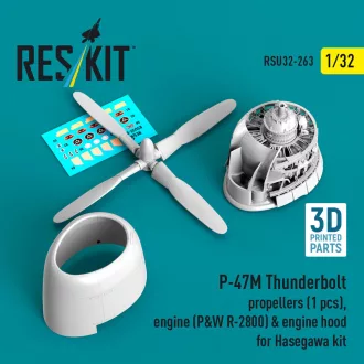   ResKit P-47M Thunderbolt propeller (1 pcs), engine (P&W R-2800) & engine hood (3D Printed) for Hasegawa