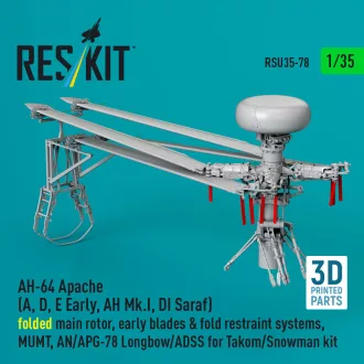   ResKit AH-64 Apache (A, D, E Early, AH Mk.I, DI Saraf) folded main rotor, early blades & fold restraint systems, MUMT, AN/APG-78 Longbow/ADSS for Takom/Snowman kit (3D Printed)