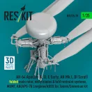 ResKit AH-64 Apache (A, D, E Early, AH Mk.I, DI Saraf) folded main rotor, early blades & fold restraint systems, MUMT, AN/APG-78 Longbow/ADSS for Takom/Snowman kit (3D Printed)